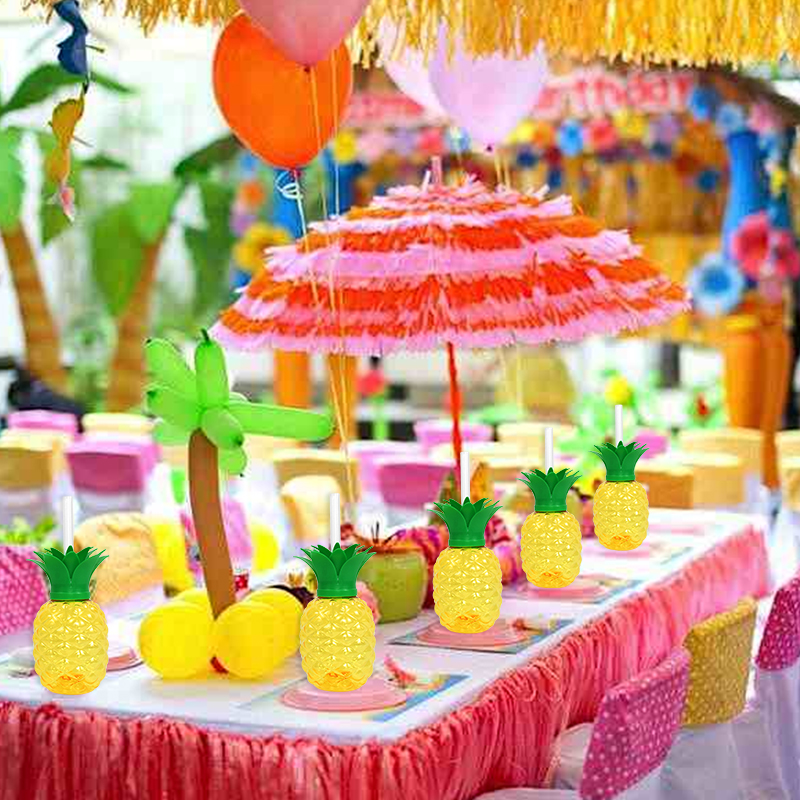 Vasos de piña de plástico con pajita y fresa para beber, 8 piezas, Hawaiano, Luau, decoración de Tropical, suministros de cumpleaños de playa de verano