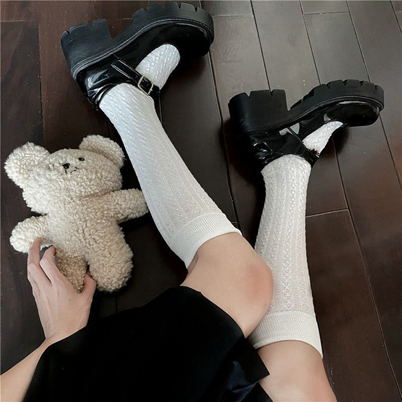 Calze per studenti delle scuole superiori stile giapponese Calzini lunghi Solido Nero Bianco Calzini estivi da donna sottili Costumi JK Calzini alti al ginocchio per ragazze