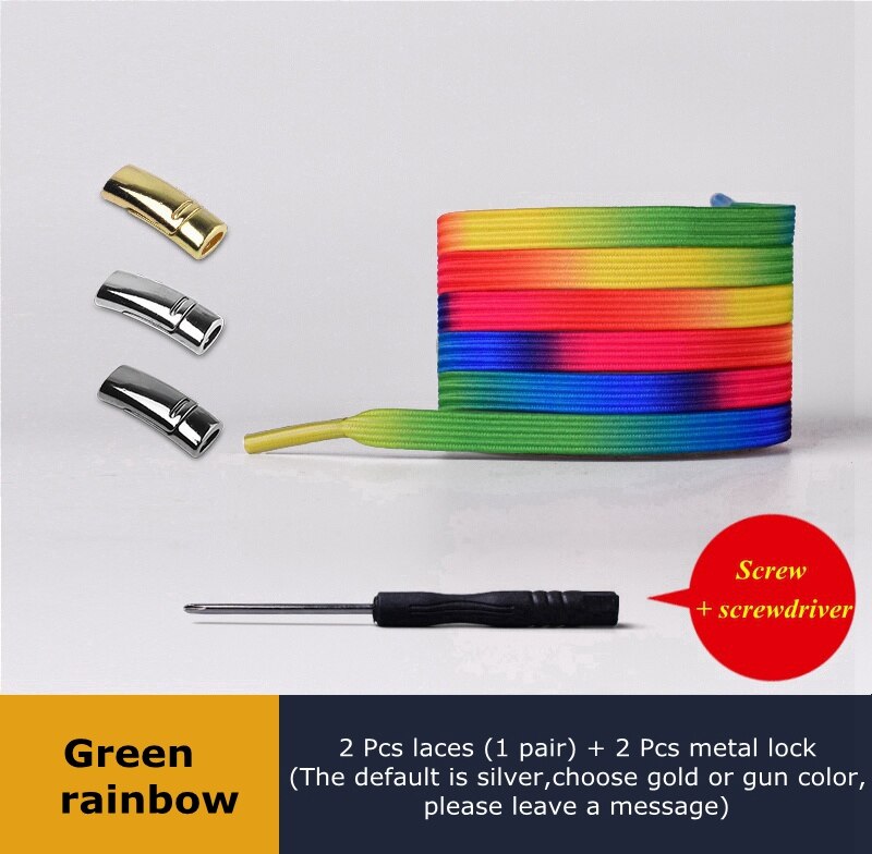 En elastisk uden binde snørebånd sneakers dovne snørebånd børn voksen sikkerhed hurtig flad snørebånd magnetisk metallås udendørs fritid: Grøn regnbue