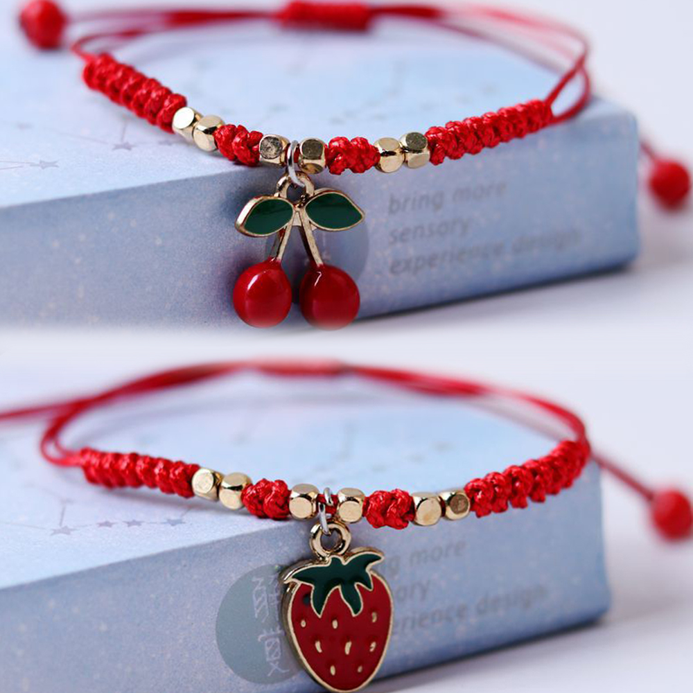 Dulce fresa cereza trenzada cuerda de mano DIY pulseras de cuerda roja ajustables para niñas accesorios de joyería