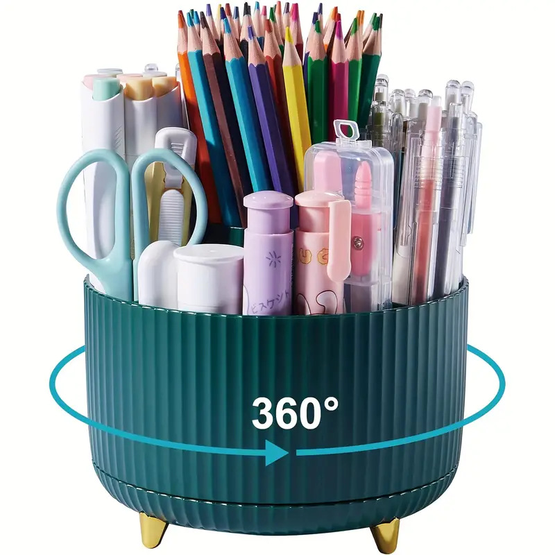 Desk Organizer, 360-Degree Rotating Pen Holder for Desk with 5 Compartments Pencil Organizer, Storage Box Caddy for Office, Home: Silver