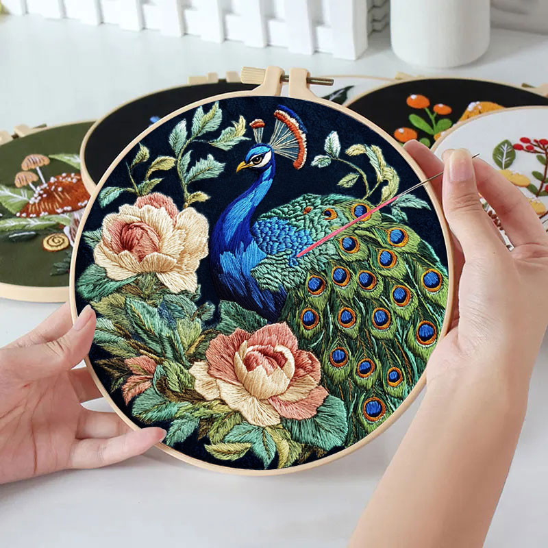 Beautiful Peacock Embroidery Kit DIY Simple English for Women to Learn Handicrafts Home Decoration