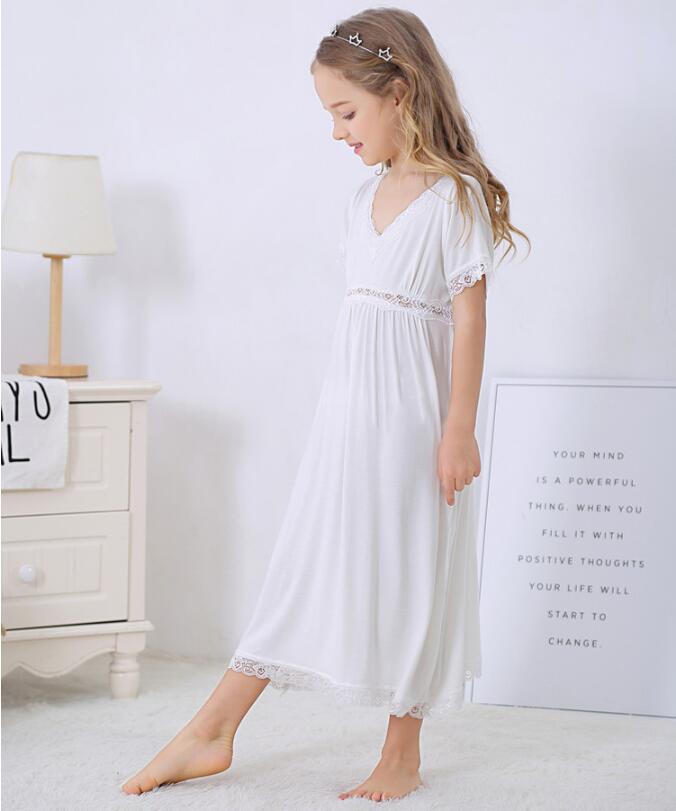 Baby Meisjes Zomer Kant Nachtjapon Meisjes Wit V Kraag Katoen Lange Nachtkleding Jurk Meisje Kleding 6 8 10 Jaar