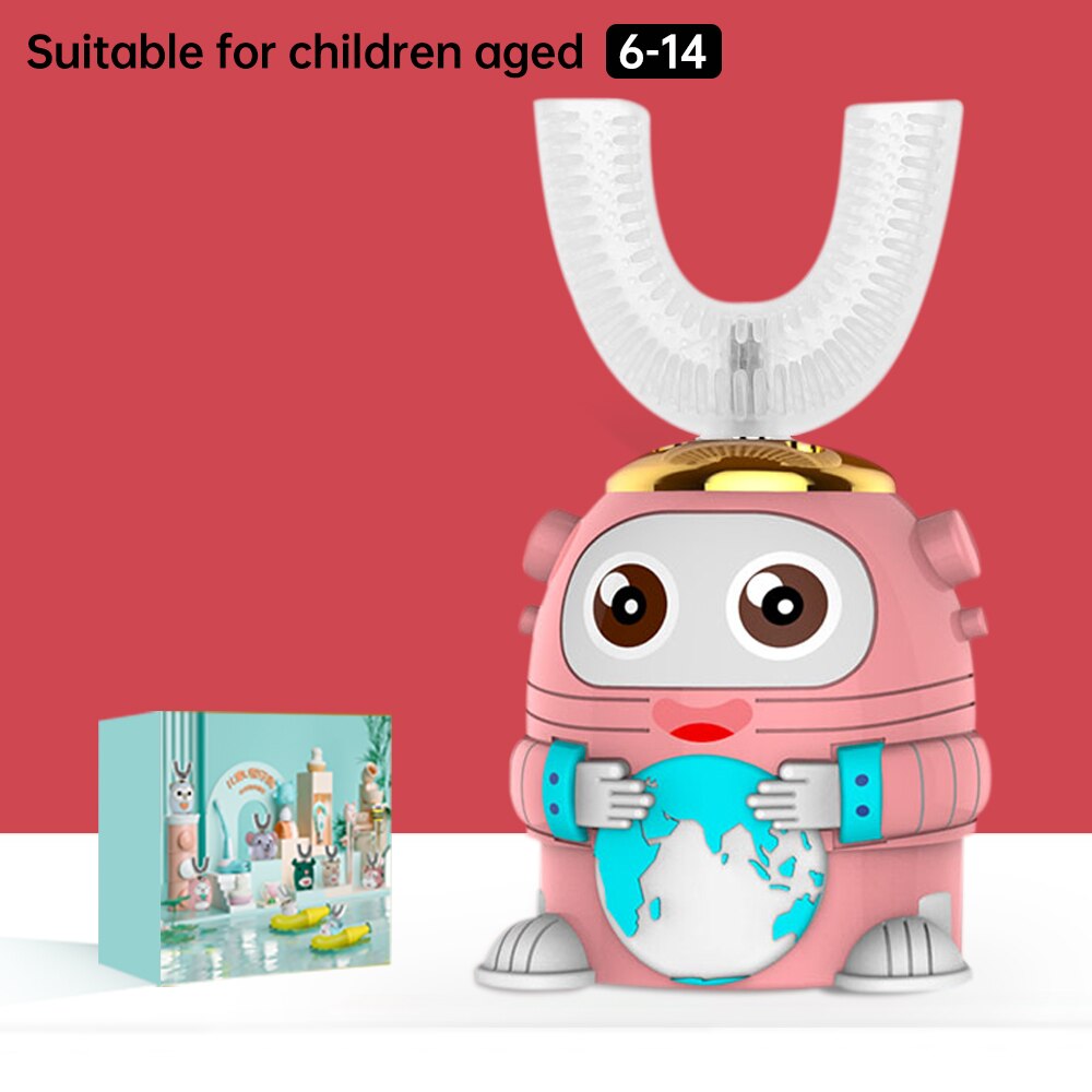 Smart 360 Degress U Sonic Electric Toothbrush Kids Silicone Automatic Ultrasonic Tooth Brush Children Blue Light Teeth Brush: Astronaut Pink 6-14