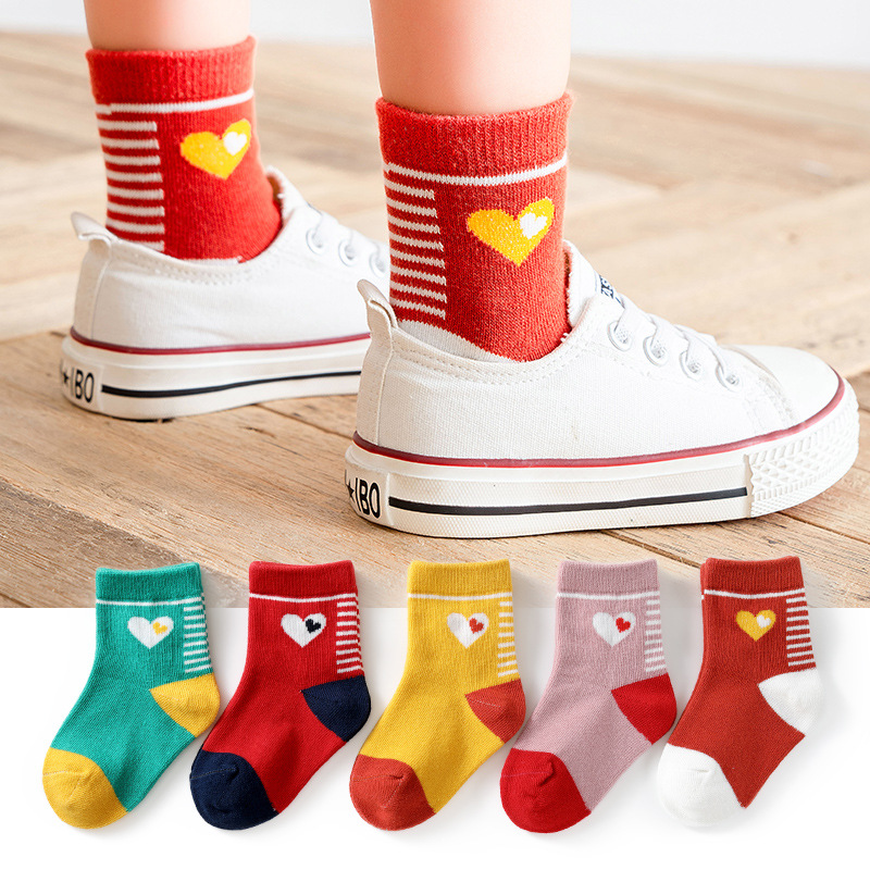 Chaussettes courtes en coton pour enfants de 1 à 12 ans, 5 pièces, chaussettes respirantes avec cœur pour garçons et filles, collection automne et hiver