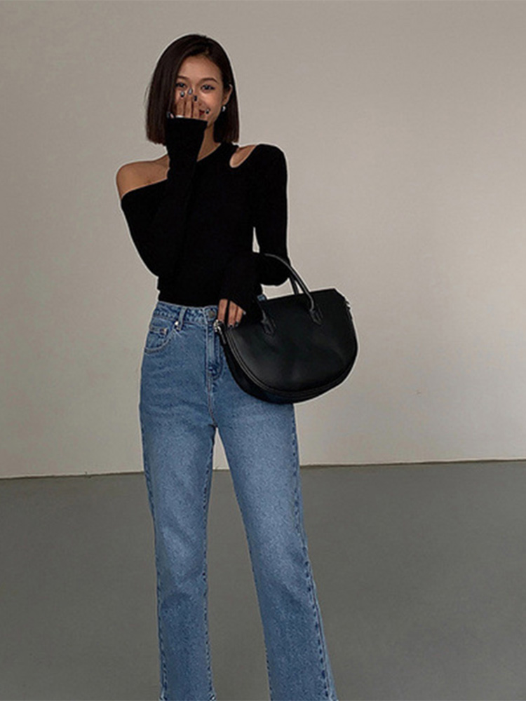 T-shirts med skæv krave og off-shoulder-ærmer til kvinder, forårssolid, slim fit, crop top, sexet, udhulet t-shirt