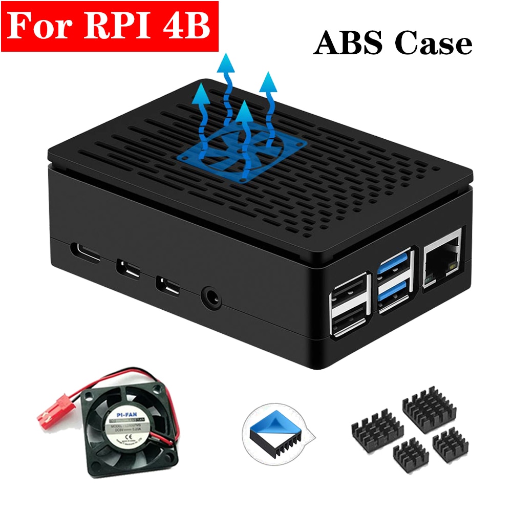 For Raspberry Pi 4 Case Protective ABS Case Black Box Shell Enclosure + Cool Fan Aluminum HeatSink for Raspberry Pi 4 Model B 4B