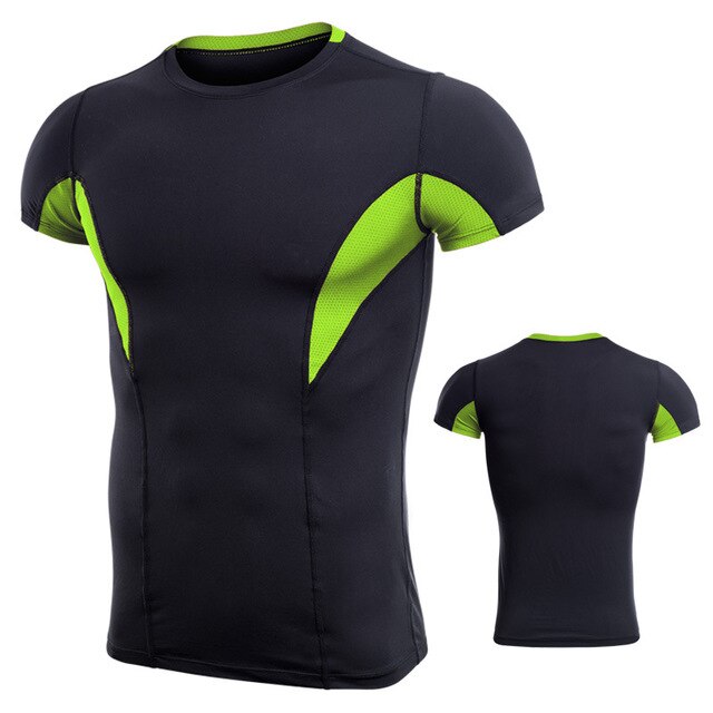 Sportshirt heren fitness hardloop t-shirts korte mouwen top t-shirts elastische sportkleding sportschool bodybuilding training t-shirt rashgard: Zwartgroen / Aziatische maat xxl