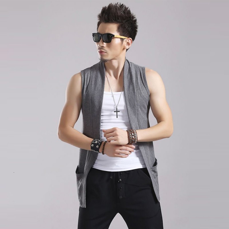 estilo japonés para hombre Casual verano sin mangas chalecos de longitud media ningún botón abierto Stitch ropa de calle chaleco masculino de talla grande