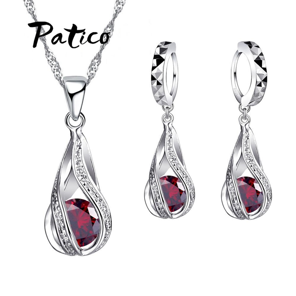 S925 Sterling Zilveren Sieraden Sets Voor Bruiloft Engagement Aaaa + Cz Zirconia Hanger Loops Hoepel Oorbellen Ketting Set: Red