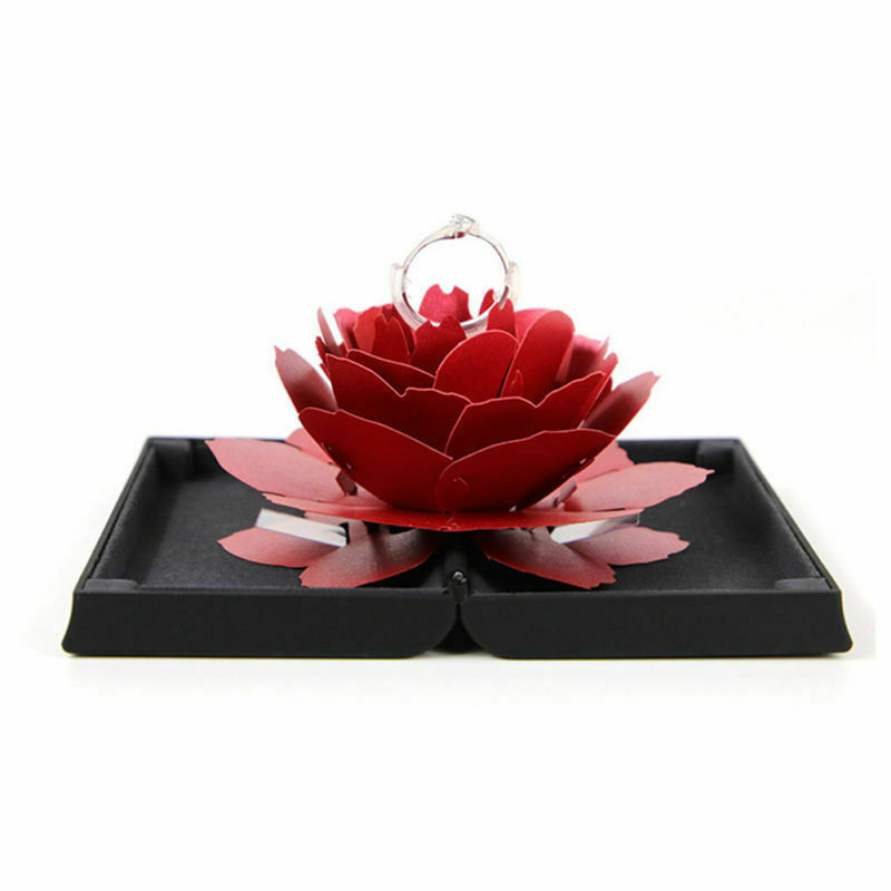 3d pop-up rozen ringdoosjes, opvouwbaar, draaibaar rozen ringdoosje, verjaardag, valentijnsdag, bruiloft, verloving, sieraden display dozen: Zwarte doos rode roos