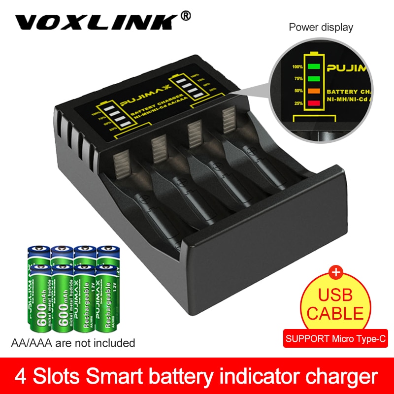 Voxlink 4 Slot Batterij Lader Voor Aaa/Aa Oplaadbare Batterij Kortsluiting Met Led Indicator Mh/Ni-Cd Lader