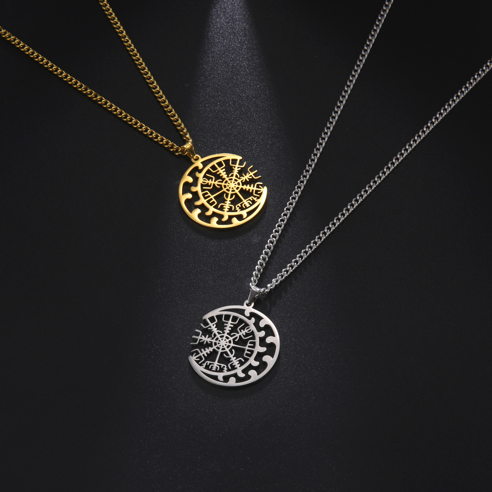 Collares de brújula vikinga de acero inoxidable para hombres, amuleto de runas nórdicas, colgante de Vegvisir, joyería de Luna Supernatural