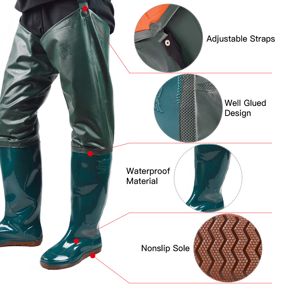 Fishing Hip Waders Underwater Boots Lightweight Waterproof Unisex PVC Nylon Fishing Water Pants Cleated Sole Wader Boots
