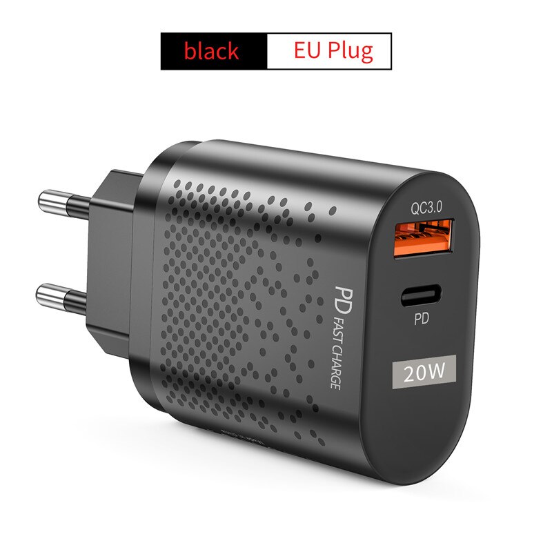 Uslion pd 20w carregador usb ue eua uk plug 3a qc 3.0 carga carregador de telefone para iphone 12 11 samsung huawei carregador de parede rápido: Black EU