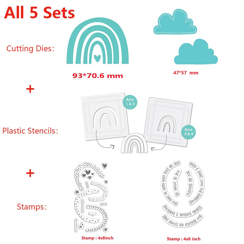 Troqueles de corte de arcoíris divertidos, frases, venas, sellos transparentes, plantillas para manualidades, álbum de recortes, tarjetas de papel,: All 5 sets