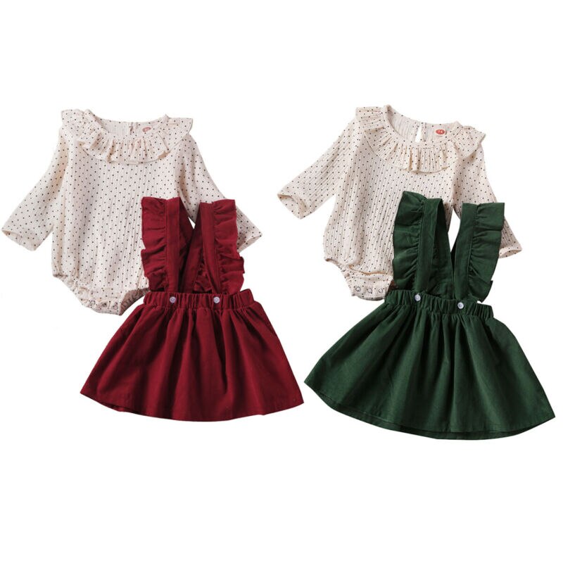 Babymeisjes romper met ruches en stippen + jurkje met bandjes, set van 2