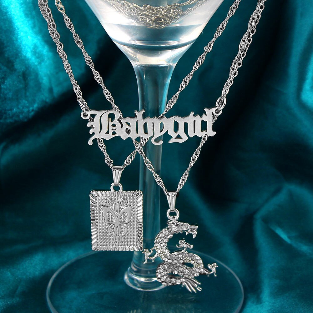 Flatfoosie Hip-hop Silver Color Babygirl Letter Pendant Necklace for Women Punk Crystal Dragon Twist Chain Necklace Jewelry