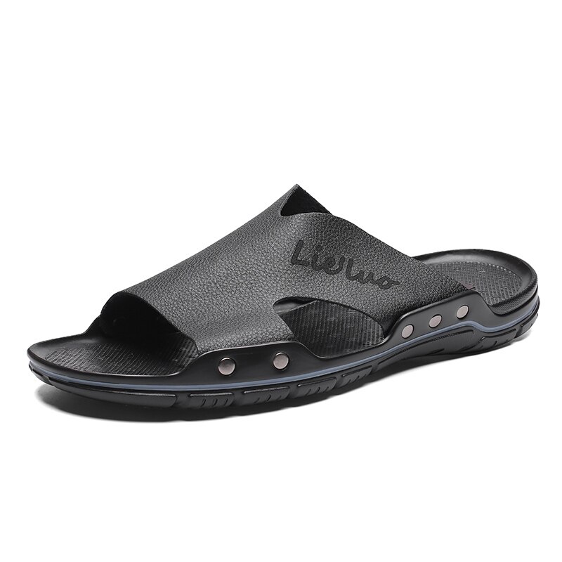 Pantoufles d'été Hommes Évider Respirant Plage Sandales Chaussures Hommes Décontracté Chaussures Plates Claquettes En Cuir Pantoufles Zapatos: Black / 7.5