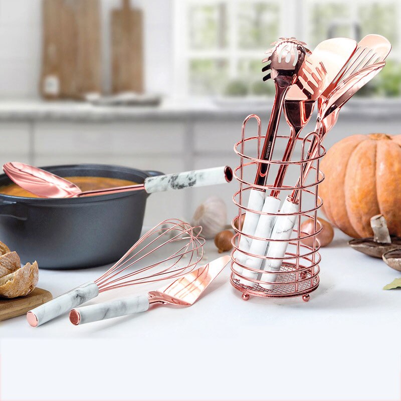 Rose Gold Küche Utensil einstellen Mit Halfter Moderne Kochen Utensilien Nicht Stock Schneebesen Schöpfkelle Spachtel Löffel Dreher Stahl Geschirr