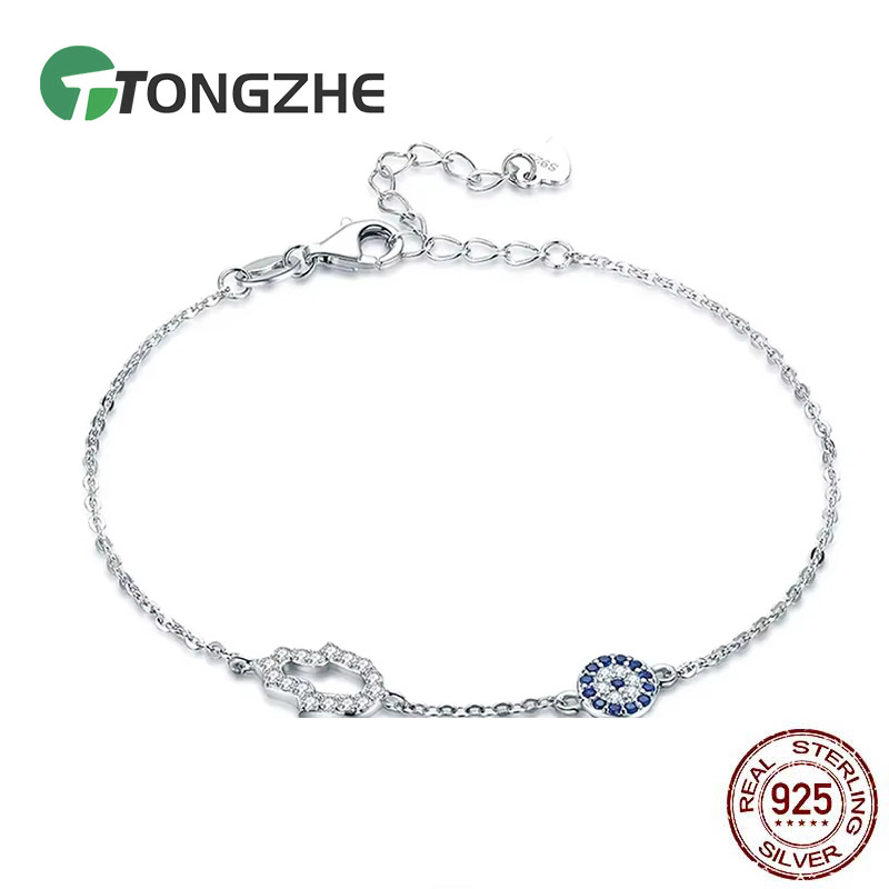 TONGZHE – Bracelet main mauvais œil Hamsa en argent Sterling 925 pour femme, bijoux turcs, bleu porte-bonheur