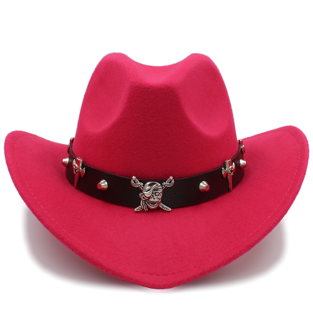 Kvinder mænd uld hule vestlige cowboy hat pirat læder bælte herre far jazz ridning sombrero hombre cap størrelse 56-58cm: Rosenrød