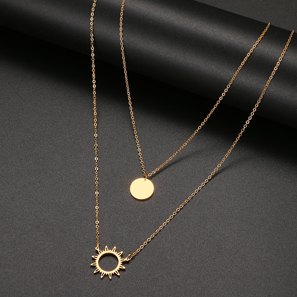 Ciondolo in acciaio inossidabile fiore di sole e collana geometrica rotonda in stile multistrato per gioielli da donna regali per amici 2022 nuovo: Gold