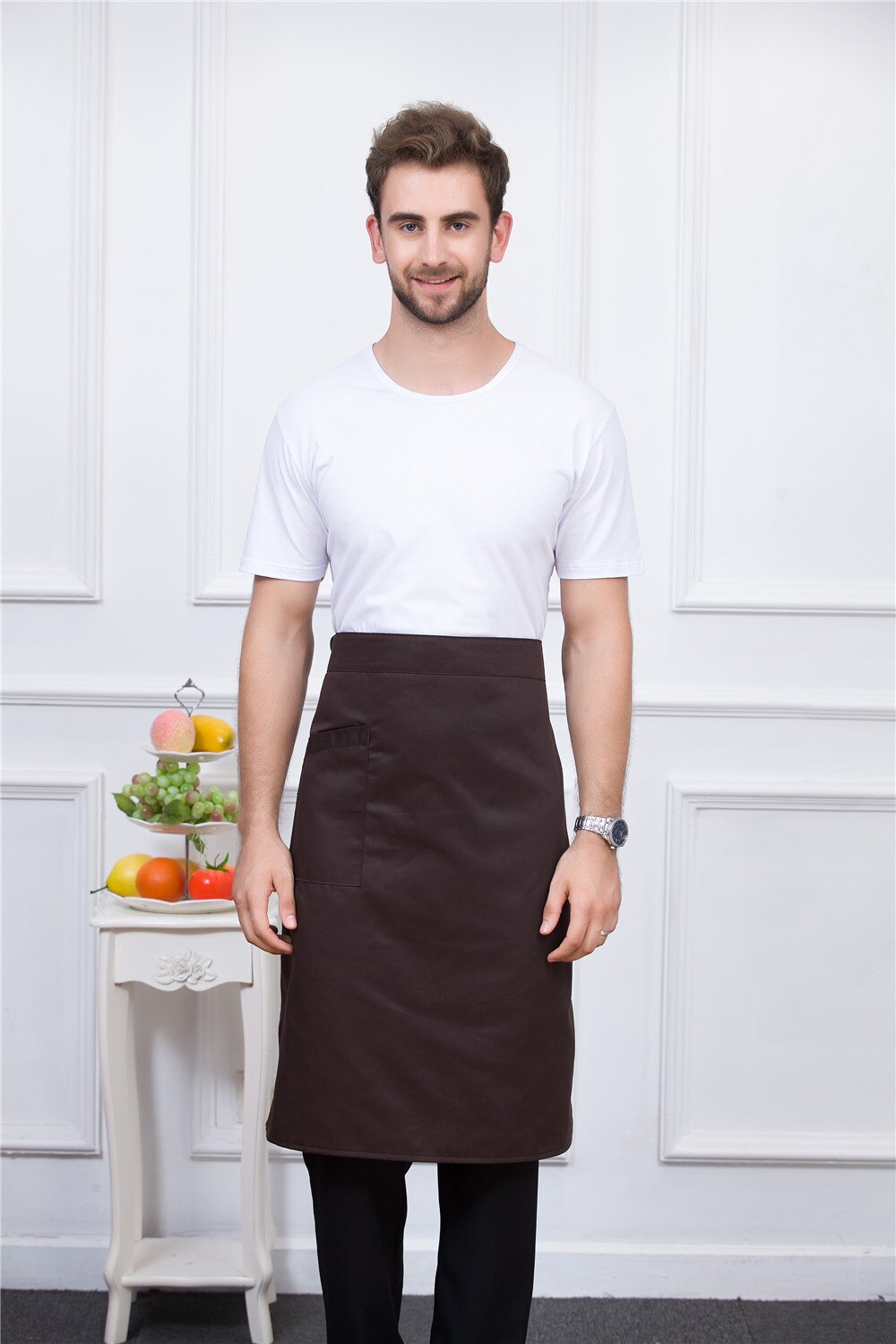 7 kleuren Mannen Vrouwen Pure Kleur Verstelbare Chef Werk Uniformen Accessoires Keuken Koken Food Service Effen Schort met Een Pocket: Bruin
