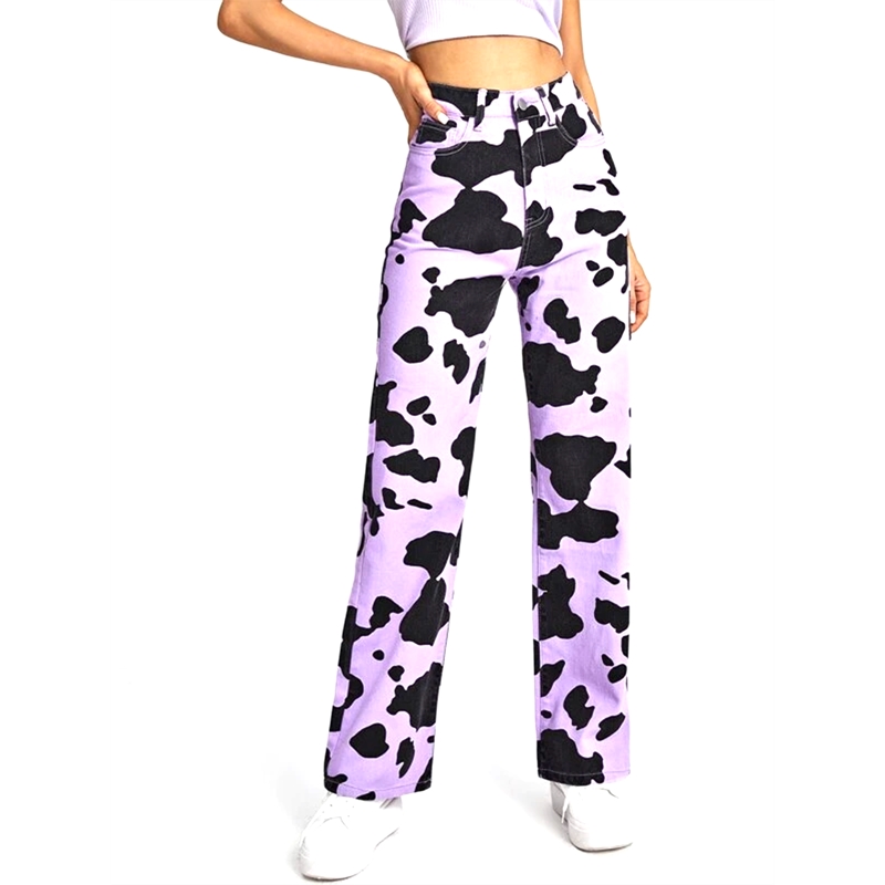Pantalones vaqueros con estampado de vaca y leche para mujer, vaqueros de cintura alta, ajustados, rectos, informales, Harajuku: Morado / M