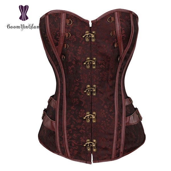 Midja tränare brokad steampunk jacquard konstläder dubbade överbyst brun korsett bustier med kedjor s -6xl 916#: Brun / Xl