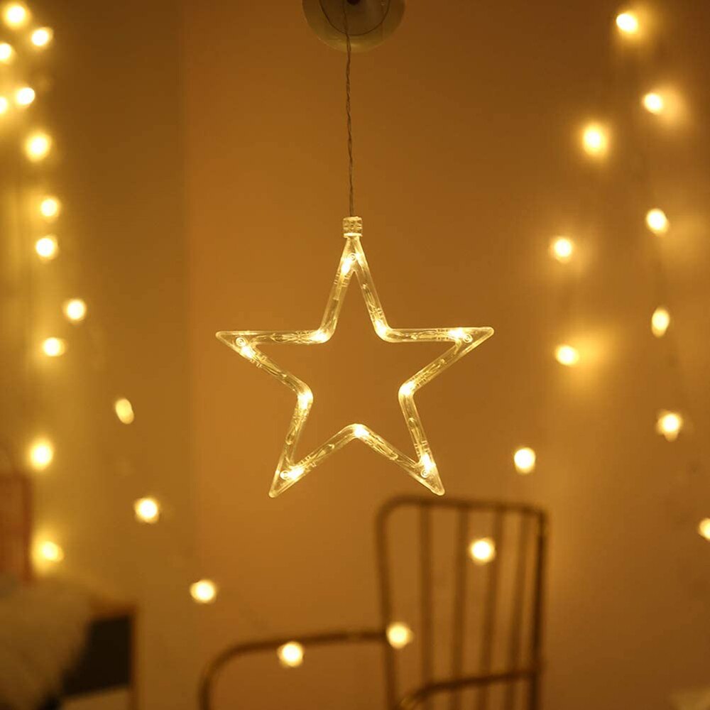 LED Christmas Curtains Light Sucker Window Hanging Lamps Xmas Tree Deer Bells Star Fairy Lights for Home Year Wedding Decor: Five-pointed star