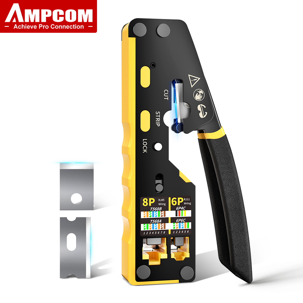 Ampcom  rj45 netværkskrimper gennemløb multifunktionel ethernet-krympetang krympe/klip/afisolere til lantel (rj11/ kat. 5e/6 utp stp: Default Title