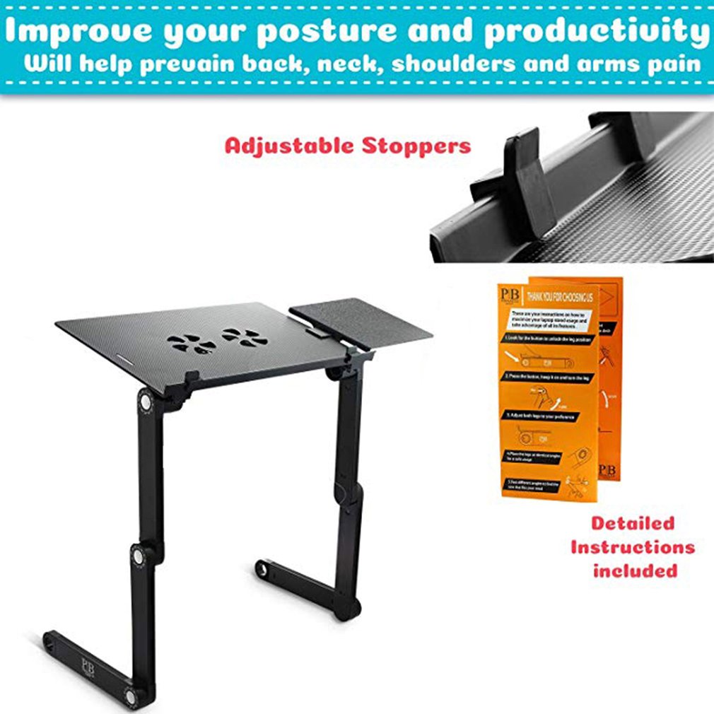 Laptop Table Folding Aluminum Computer Desk Adjustable Bed Sofa Office Notebook Table Dual Cooling Fan PC Stand With Mouse Pad