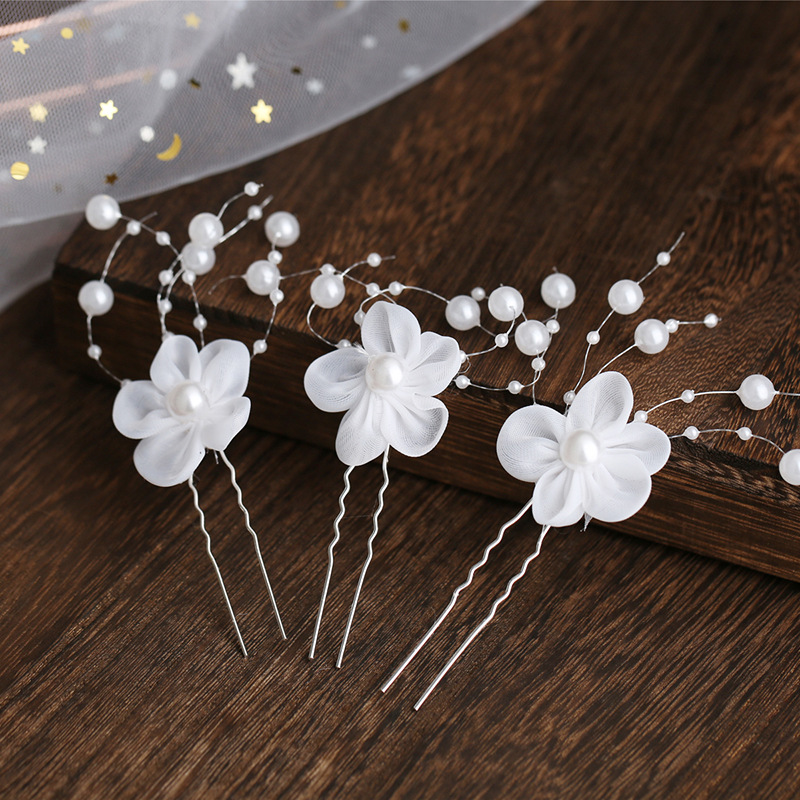 Horquilla en forma de U de flor blanca para mujer, 3 piezas, pinzas para el pelo elegantes, accesorios de joyería para el cabello, adornos para la cabeza de boda