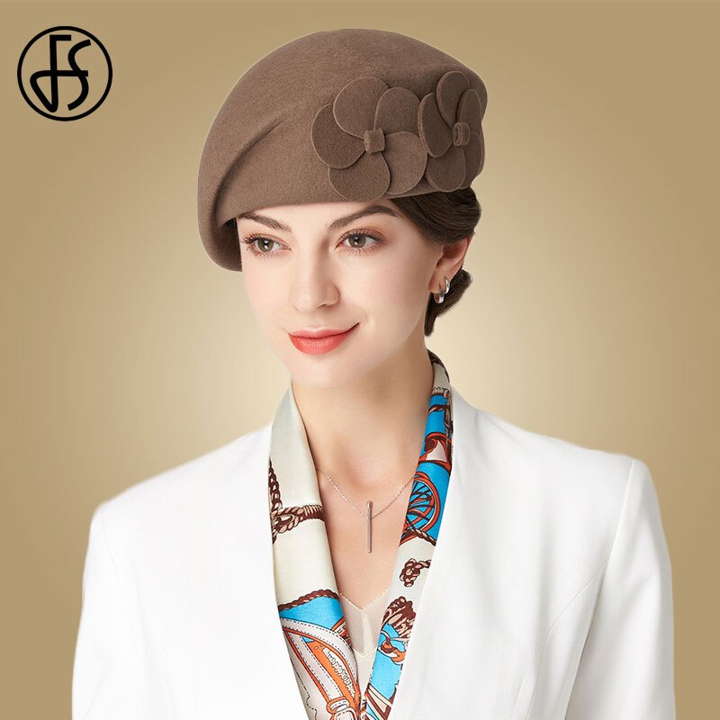 FS Winter Hats For Women Beret Wool Felt Fedora Hat Black Red Hats Wedding Church Party Cocktail Ladies Female French Artist Hat
