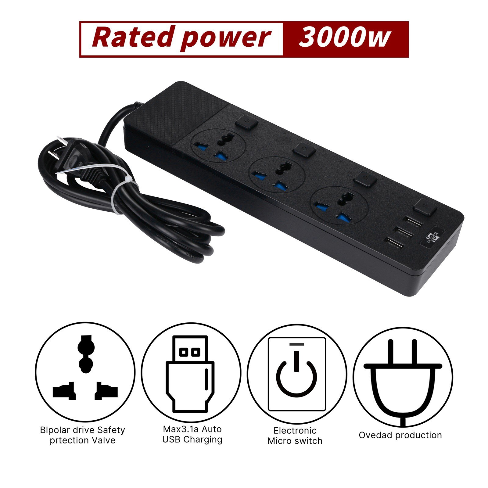 Surge Protector Power Strip, Extension Cord 3 Outlet 3 Usb Port With 4 Switch Electronic Socket Home Office Surge Protector