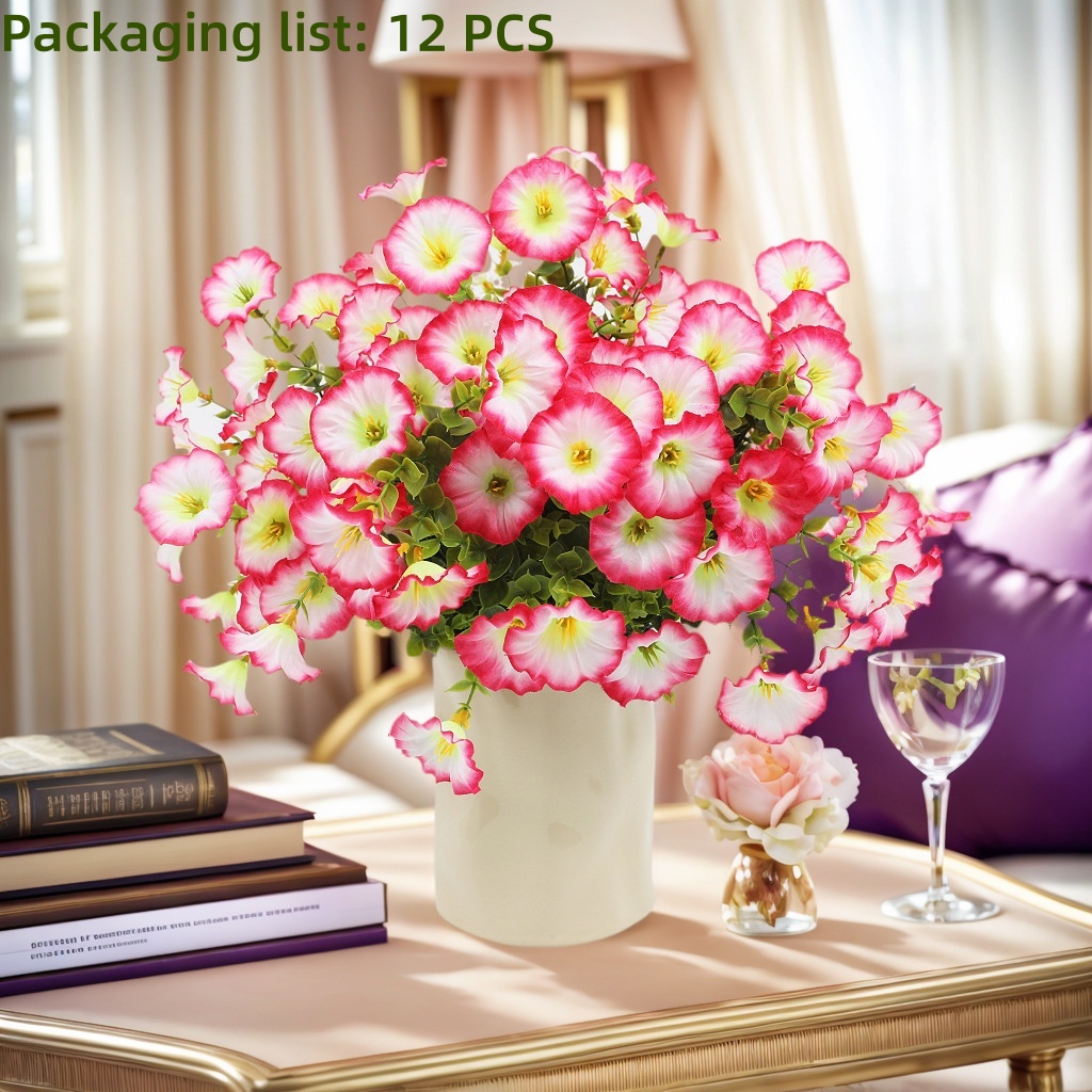 12 st konstgjorda blommor morgongloria - utomhusdekor, färgglad prästkrageplanter - ytterdörr, veranda, uteplats, fönsterlåda - heminredning: Rosa