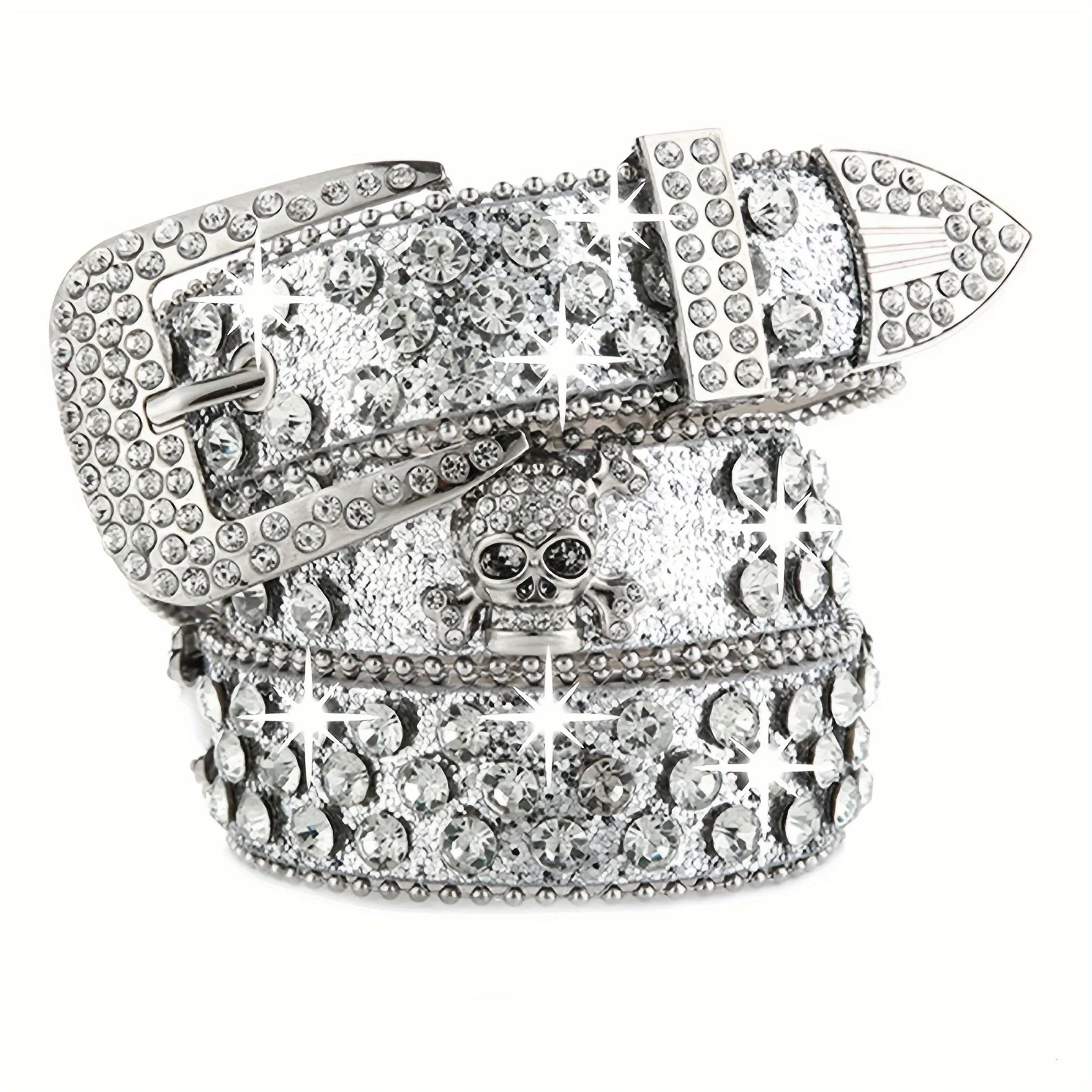 Skull Rivet Rhinestone Bb Belts Trendy Solid Color Sparkling PU Leather Belt Cowboy Cowgirl Jeans Pants Belt For Women Girls