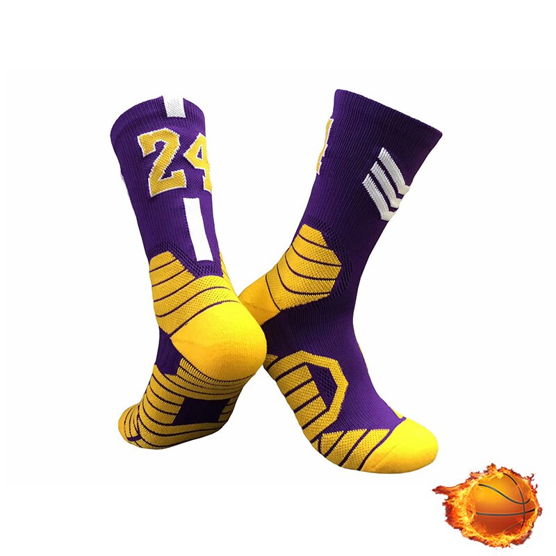 QIWN Super Star number Basketball Socks Sports Training Socks Non-slip Skateboard Durable Towel Bottom Socks: NO.24-Purple