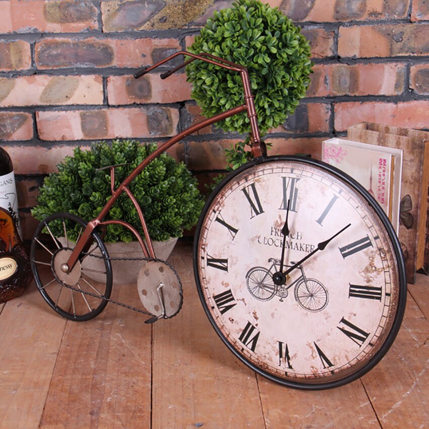 Retro Wrought Iron Bicycle Wall Clock Vintage Bicycle Table Clock Bedroom Wall Clock Wall Hanging Decoration for Living Room