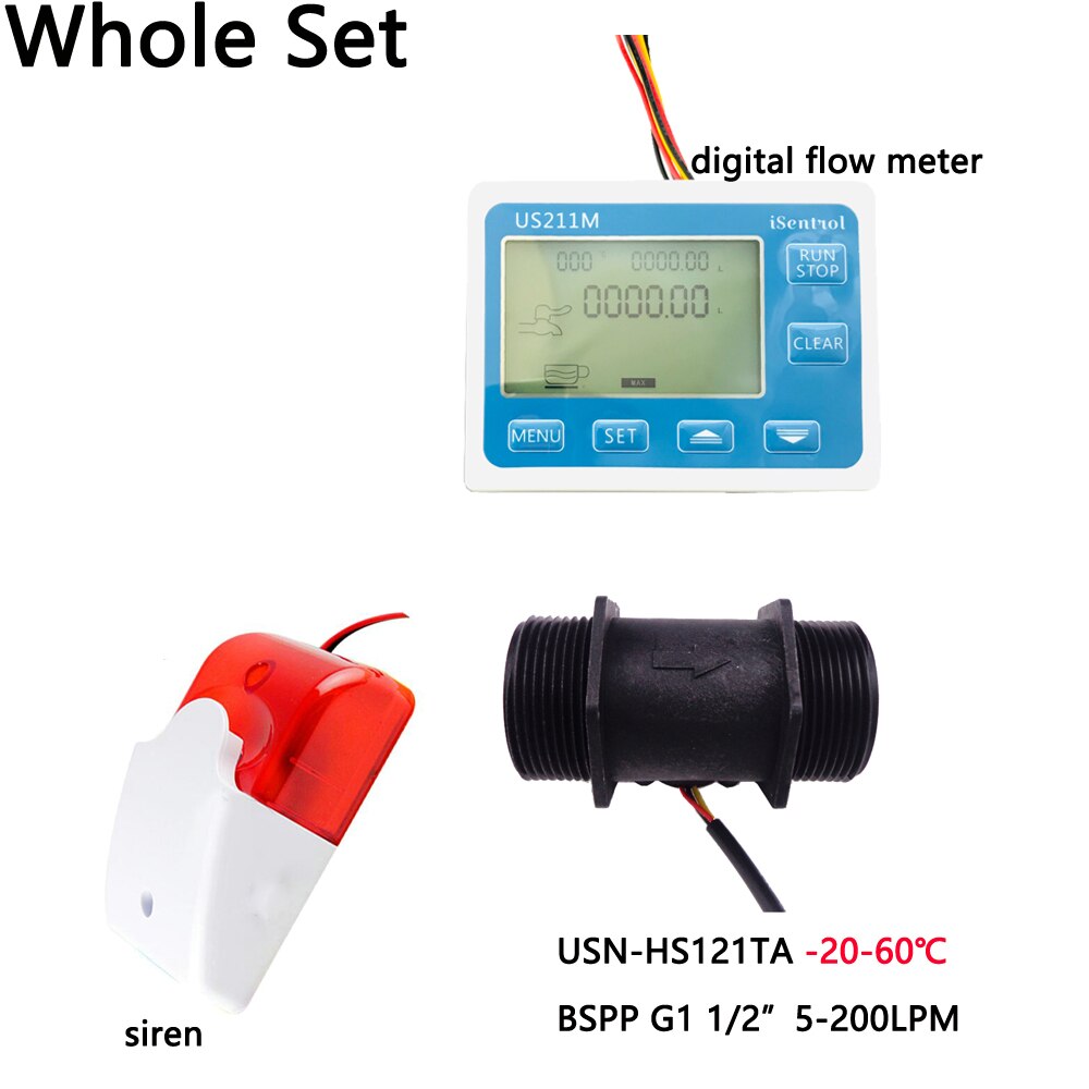 US211MA Water Flow Meter Totalizer Alarmer and PA66 USN-HS121TA Flow Senor Turbine flowmeter G1-1/2“&quot; BSPP Water Suspend Siren