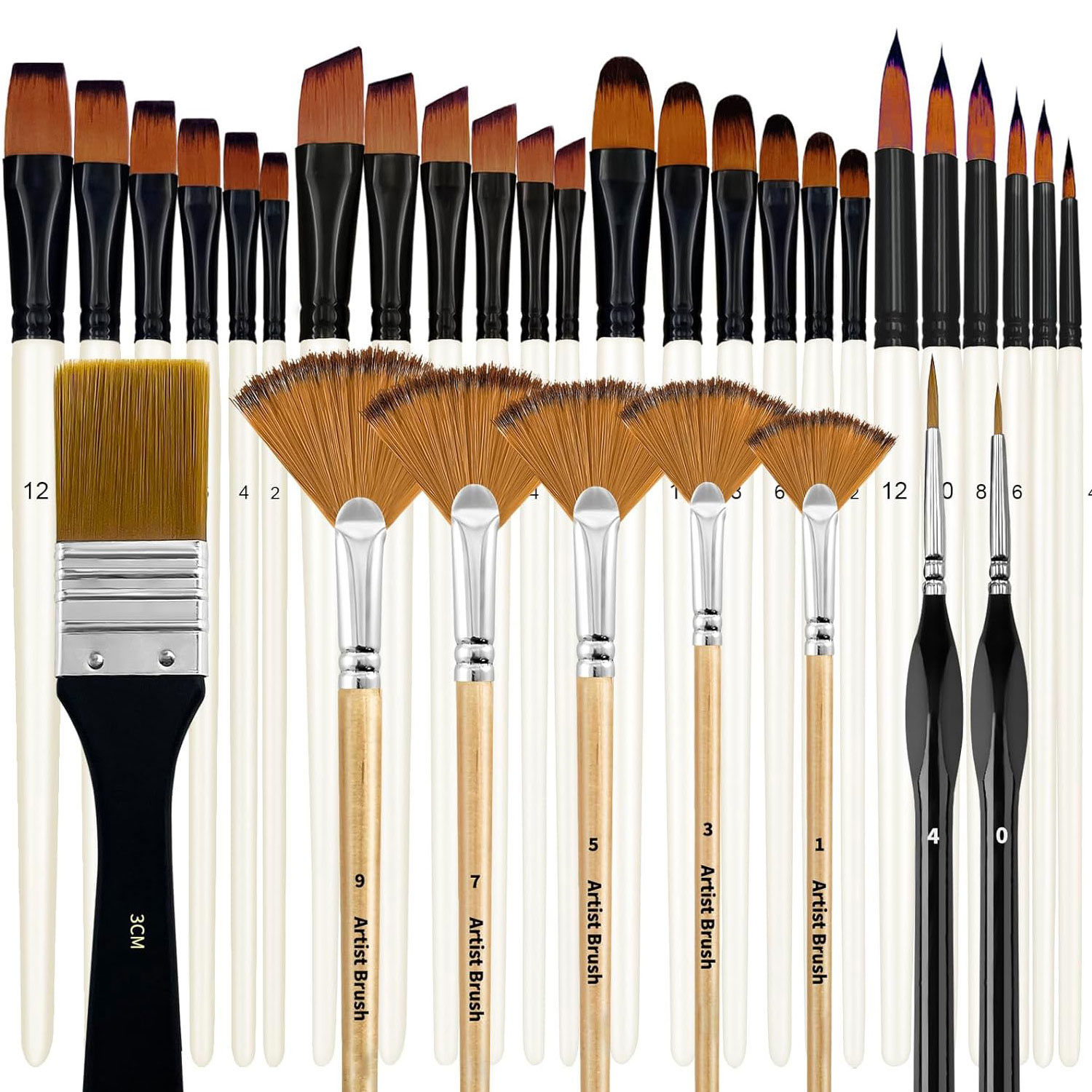 28/32 Pieces Paint Brush Set, Artist Series, Nylon Bristles with Round, Filbert, Flat, Fan, Angle, Fine Detail Brush for Artists: Yellow