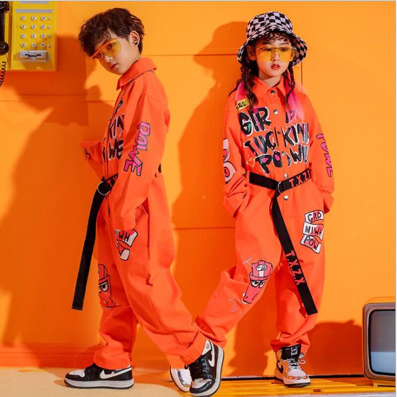 Los niños de manga corta fresca Hip Hop ropa mono naranja Mono para niñas niños traje de baile de Jazz de baile ropa