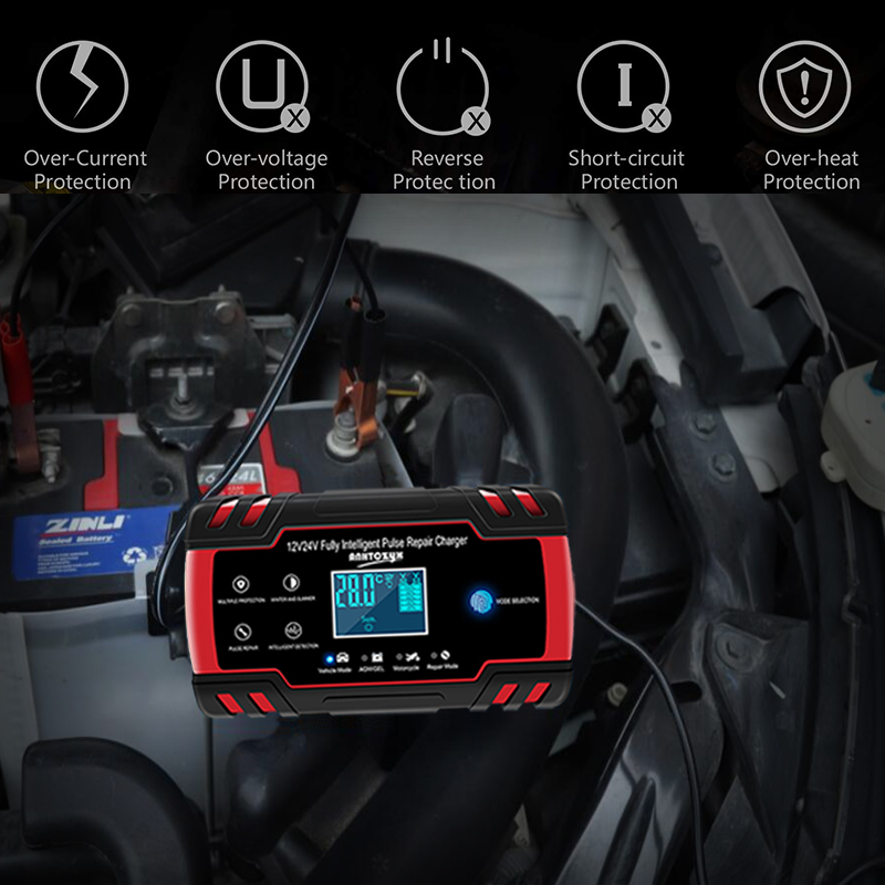 LUNDA Helautomatisk Bilbatterilader - 12V 8A / 24V 4A smart Hurtiglading, LCD-skjerm til AGM, gel, VÅTE Blysyrebatterier