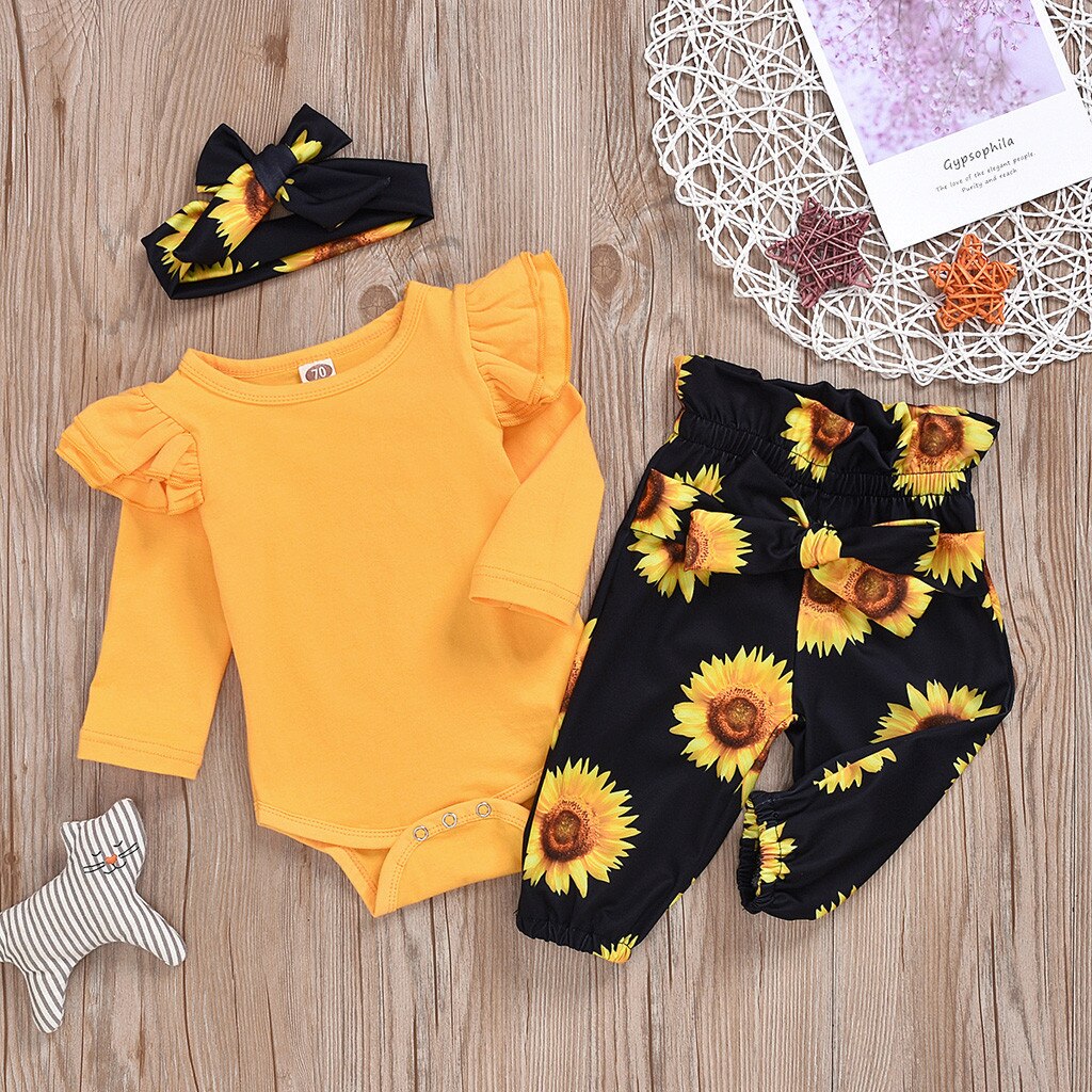 Del bambino Della Ragazza Set Bambino Manica Lunga Borsa Scoreggia Pagliaccetto Robe + Girasole Floreale Pants + Fascia Dei Capelli del Vestito Giallo vestiti детская одежда 5