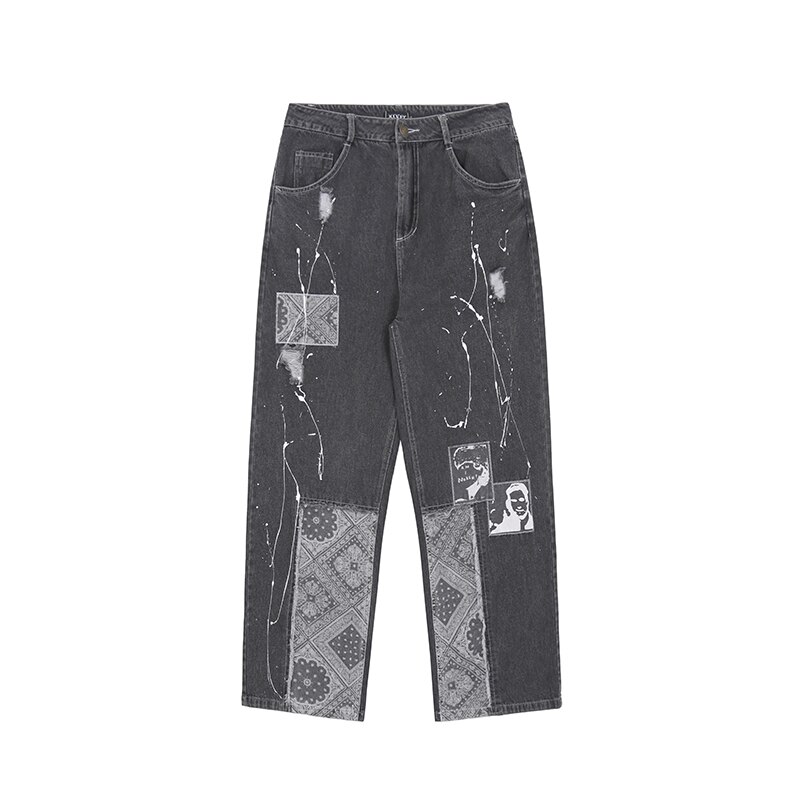 UNCLEDONJM Cashew Flower Patchwork jeans denim black jeans men baggy jeans women Graffiti hip hop jeans loose men clothing Ygh01: Black / XL