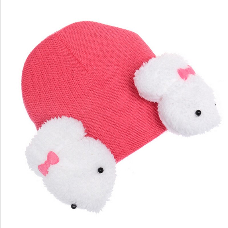 Kids Knitted Hats For Girls Cute Crochet 3D Rabbit Beanie Keep Warm Winter Hat Girl Chidren Baby Girl Cap Bonnet Bebe: Rose Red