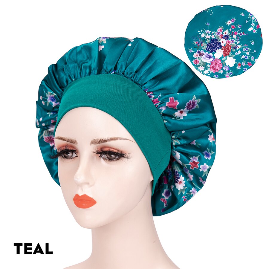 Soft Sleep Caps Night Satin Bonnet Wide Premium Elastic Band Salon Bonnet Hair Loss Sleeping Cap For Women Barber Accessories: Teal