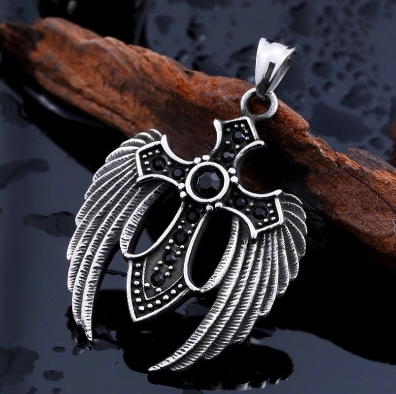 Colgante de pluma de piedra de 3 colores para hombre, Cruz de Cruz con alas dobles de acero inoxidable, Punk, tendencia de clásica