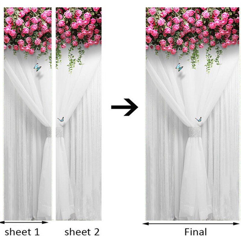 Romántico Rosa cortina puerta pegatina 3D boda casa hogar Decoración puerta calcomanías PVC autoadhesivo impermeable papel pintado vinilo pasta 3D